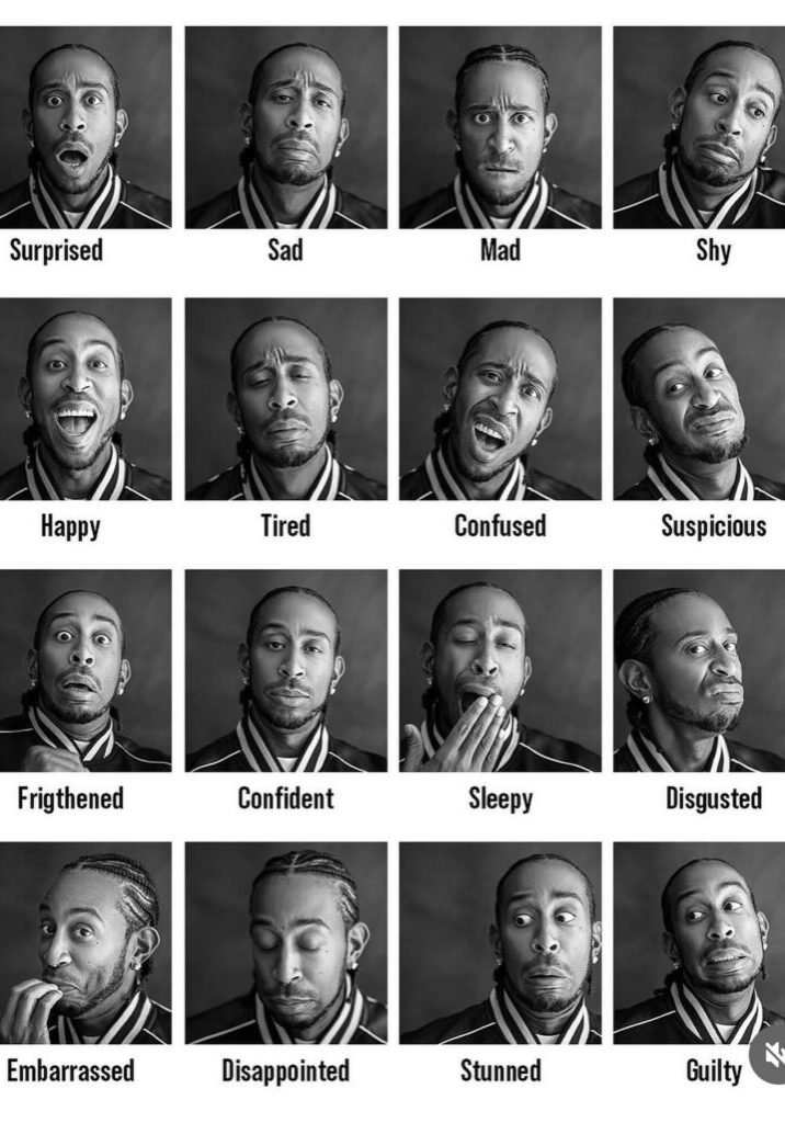 American Rapper Ludacris shows 16 different facial expressions for 16 emotions